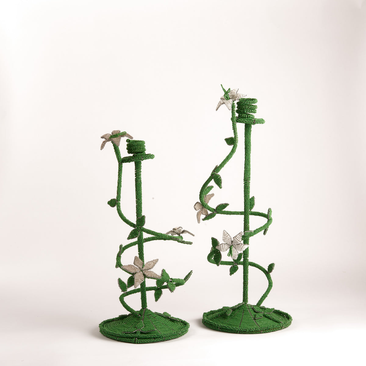 Beaded Botanical Candlestick in Jade Green