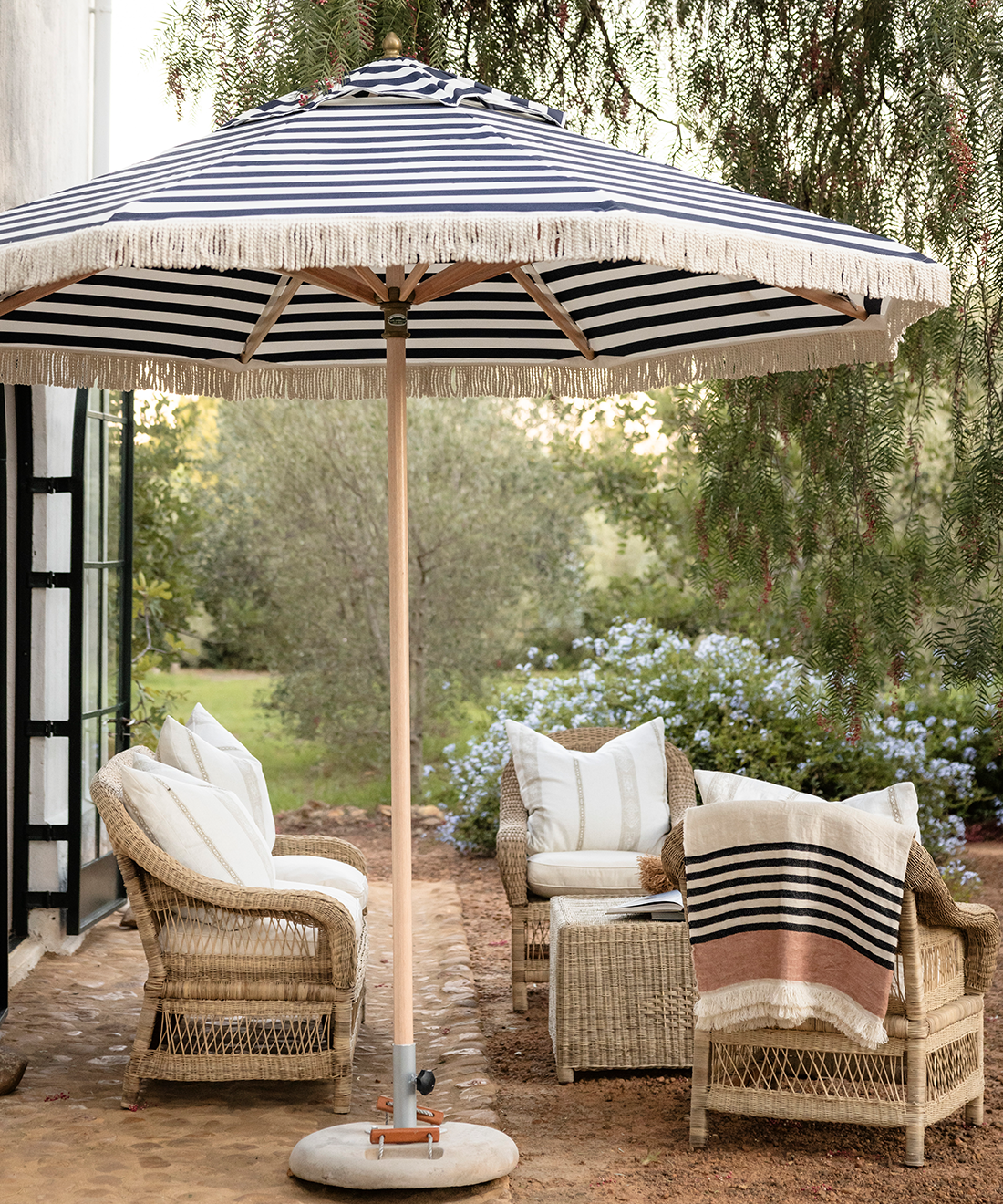 Sun Parasol Set with Tassels in Navy Stripe (Three Sizes Available)