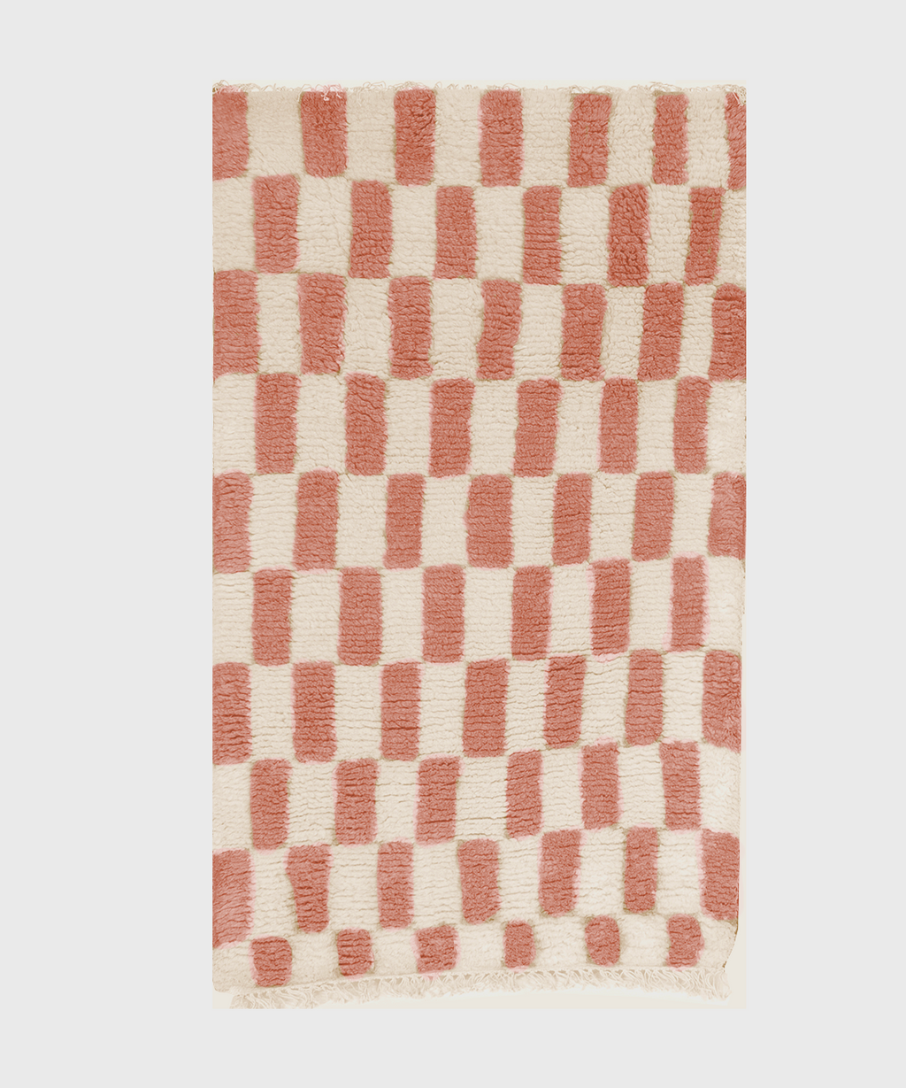 Pink Checkered Wool Rug, Pink Checkers