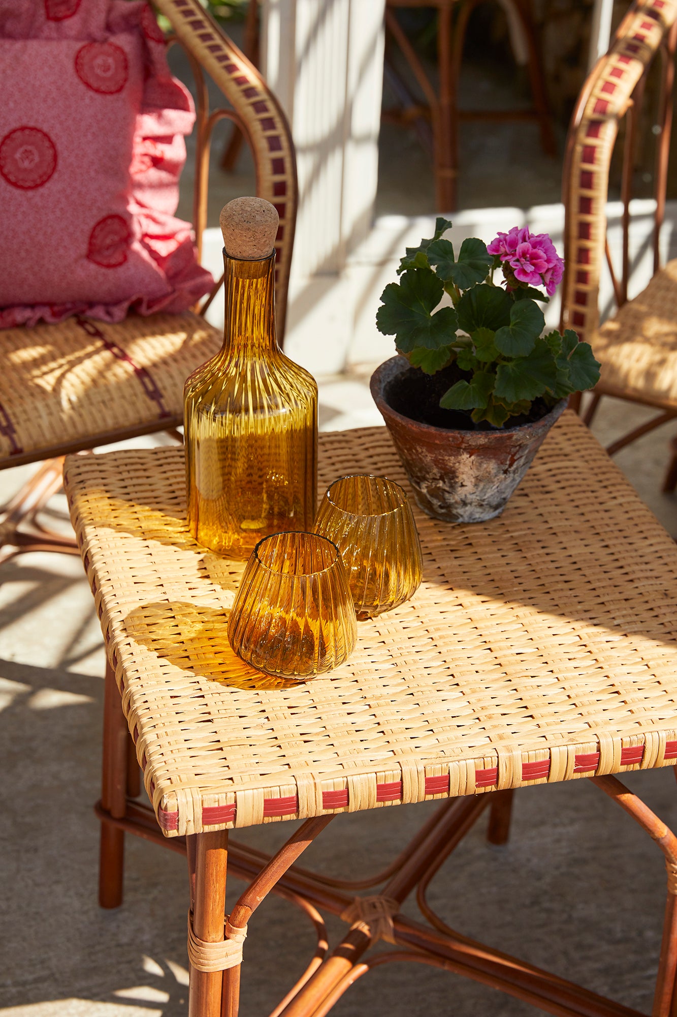 Hand-blown recycled glass carafe in amber