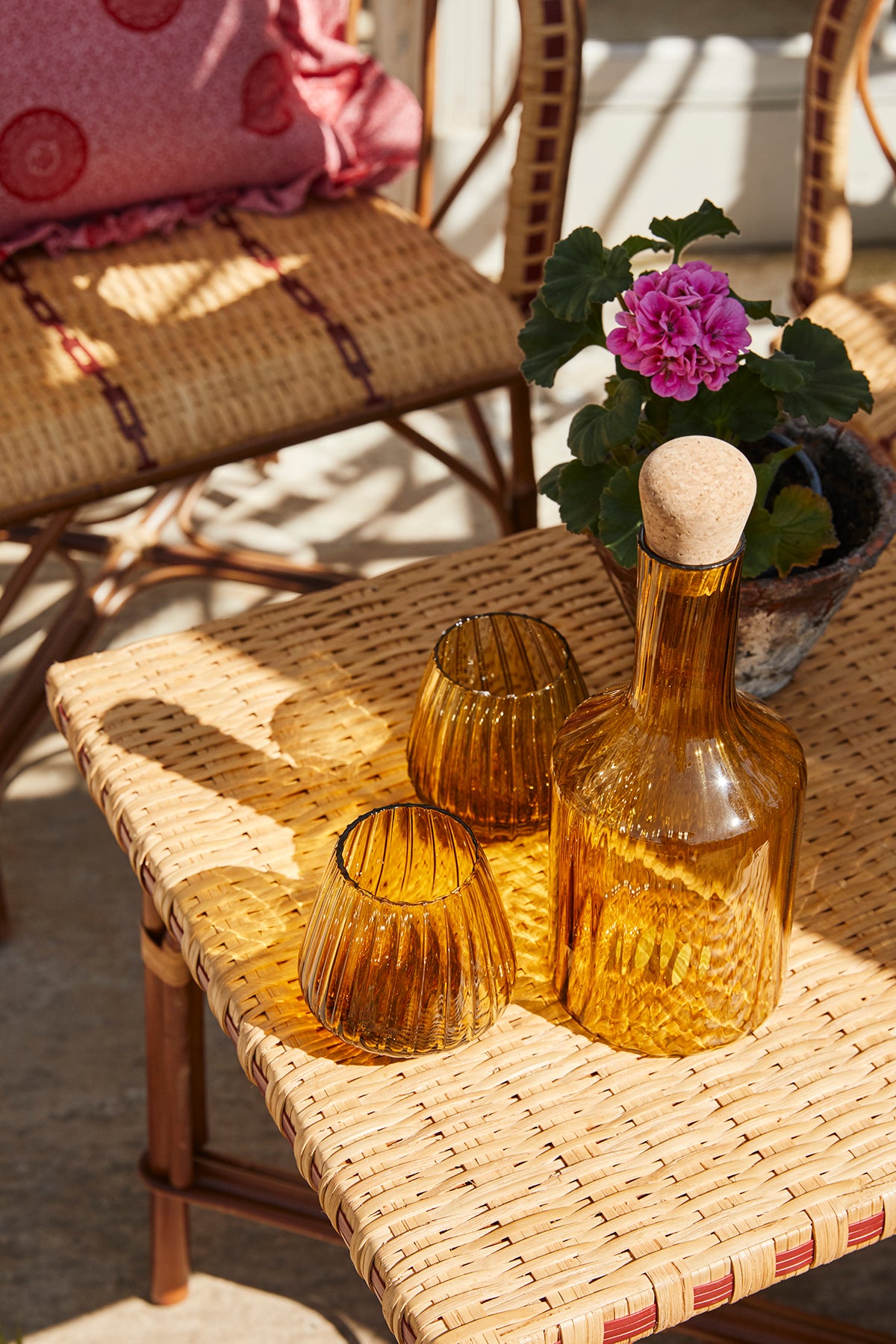 Hand-blown recycled glass carafe in amber
